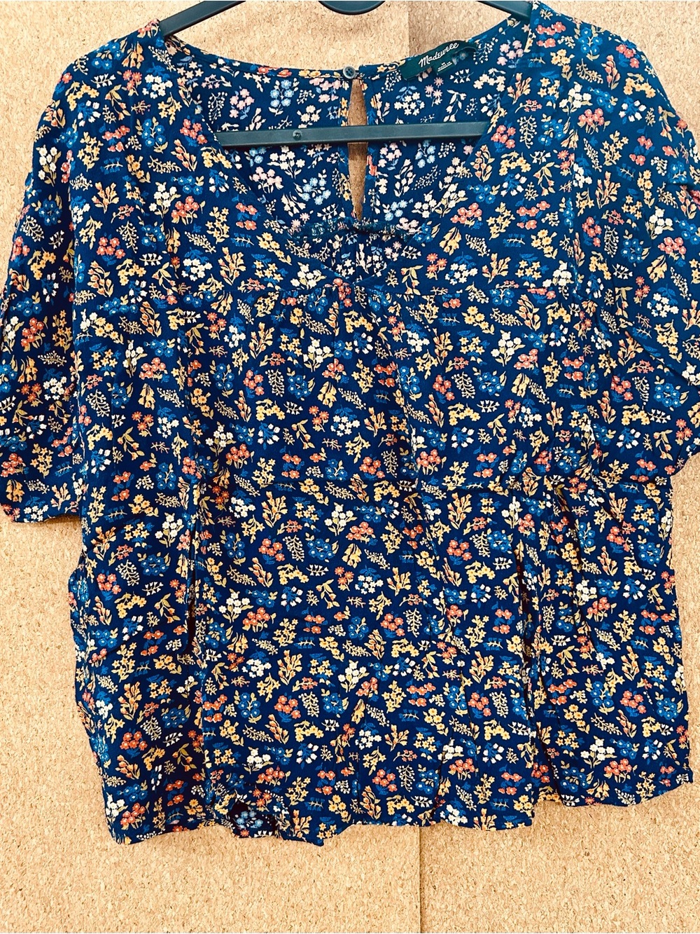 Madewell Navy Floral Short Sleeve Blouse